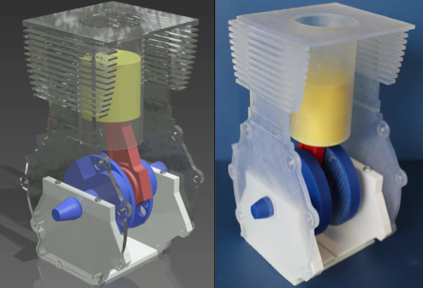 Fig. 3: Assembled crank mechanism: rendering (left) and 3D-printed (right)