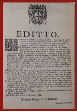 Le gride e gli editti dello Stato di Milano (1560 - 1796), volume XXI (strade), p. 77, n. 36. Biblioteca Universitaria di Pavia: Banc. 43 E 1